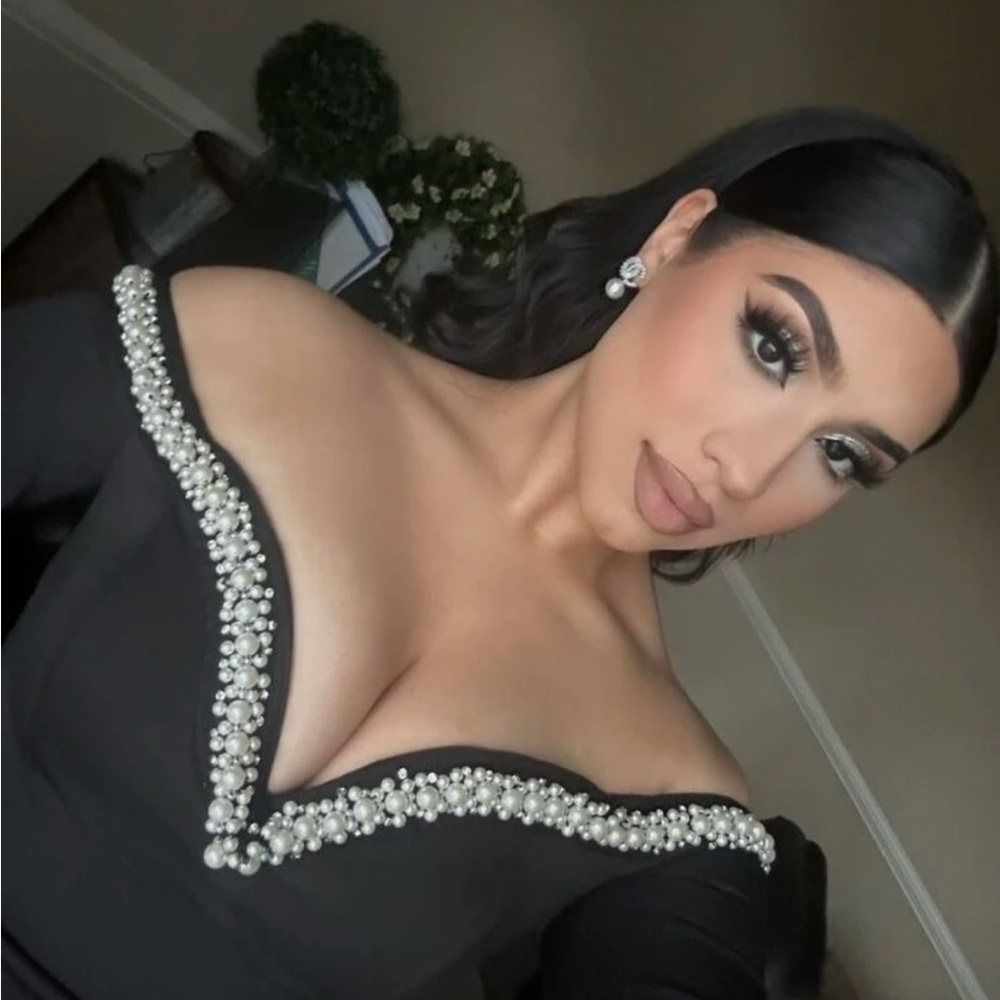 Elegant Black Long Sleeve Slit Dress with Pearl Detailing